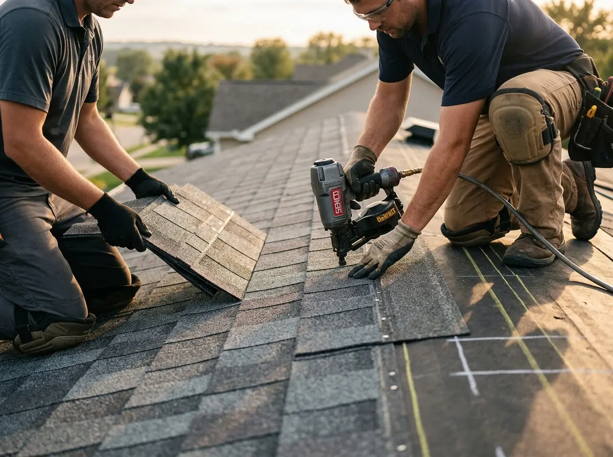 Professional roofer working on a residential roof in Woodruff